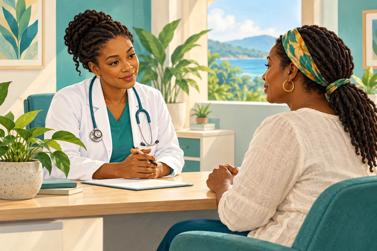 Illustration of a doctor listening to a patient during a consultation