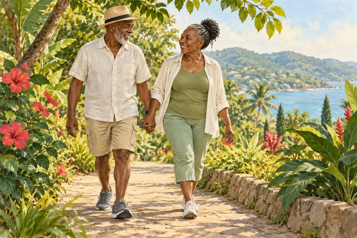 Illustration of an older Caribbean couple enjoying a gentle walk